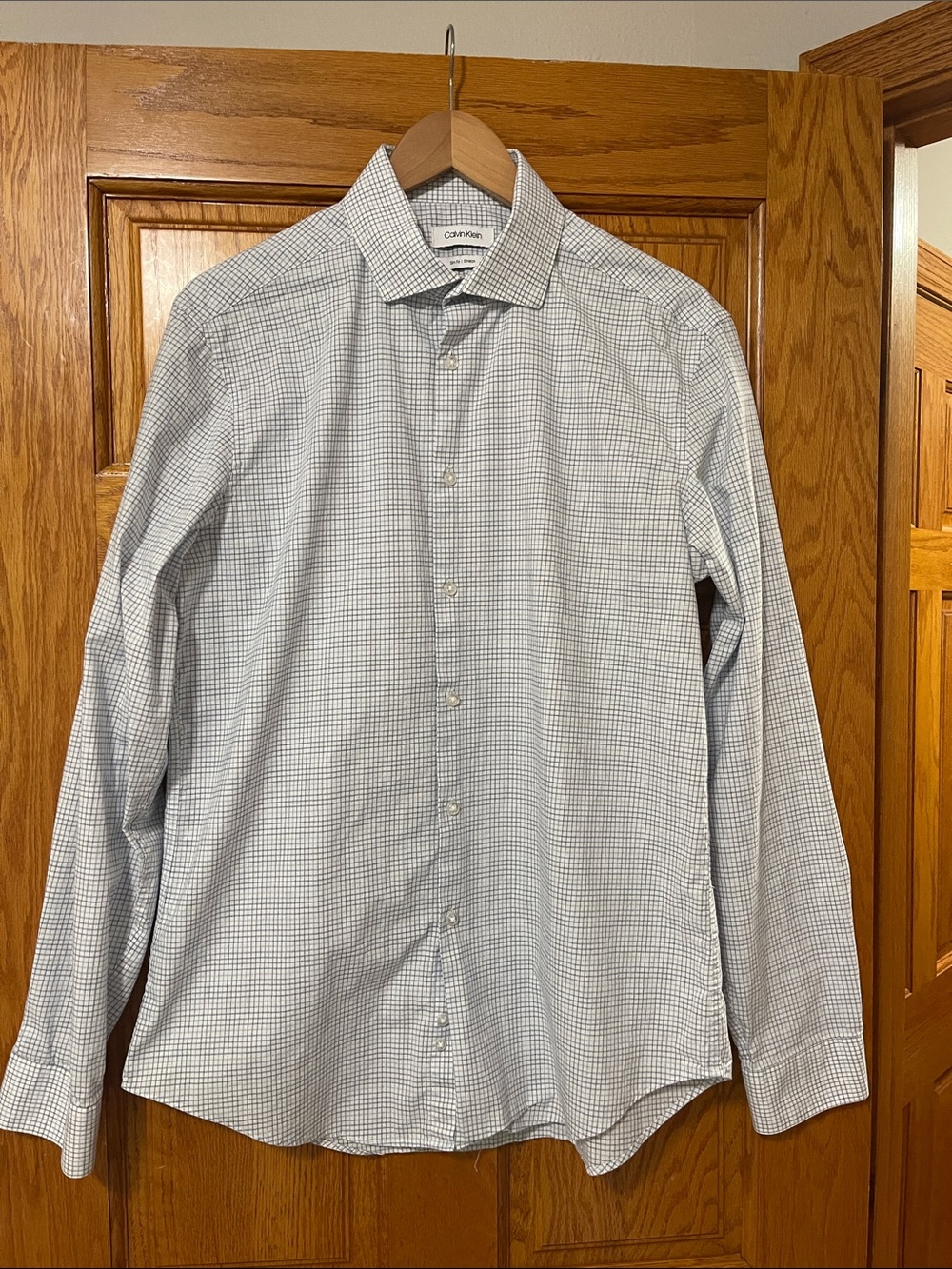 Calvin Klein Men’s Blur and White Micro-Check Dress Shirt